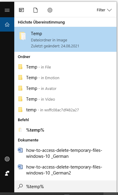  Zugriff auf temporäre Dateien in Windows 10 über Start