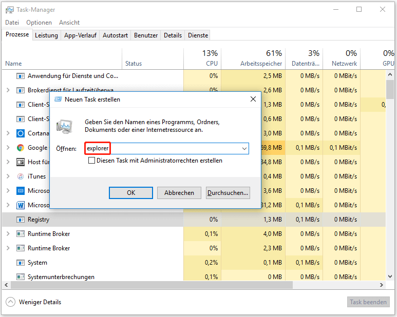 Verwenden Sie den Task-Manager, um den Windows Explorer zu starten