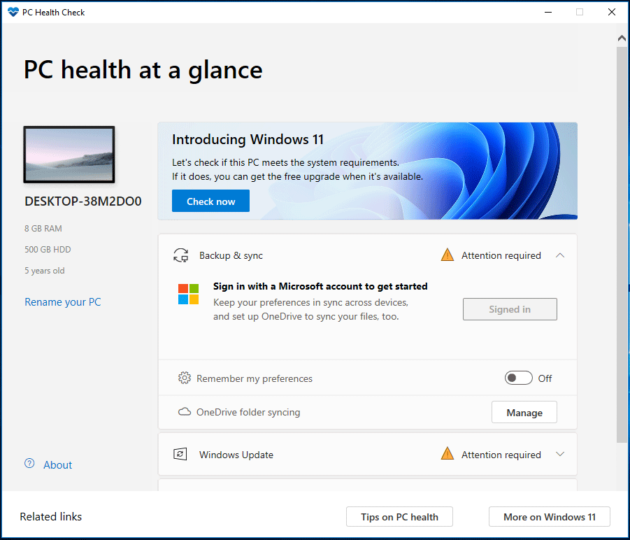 Verwenden Sie das PC Health Check-Tool, um zu prüfen, ob Ihr PC mit Windows 11 kompatibel ist.