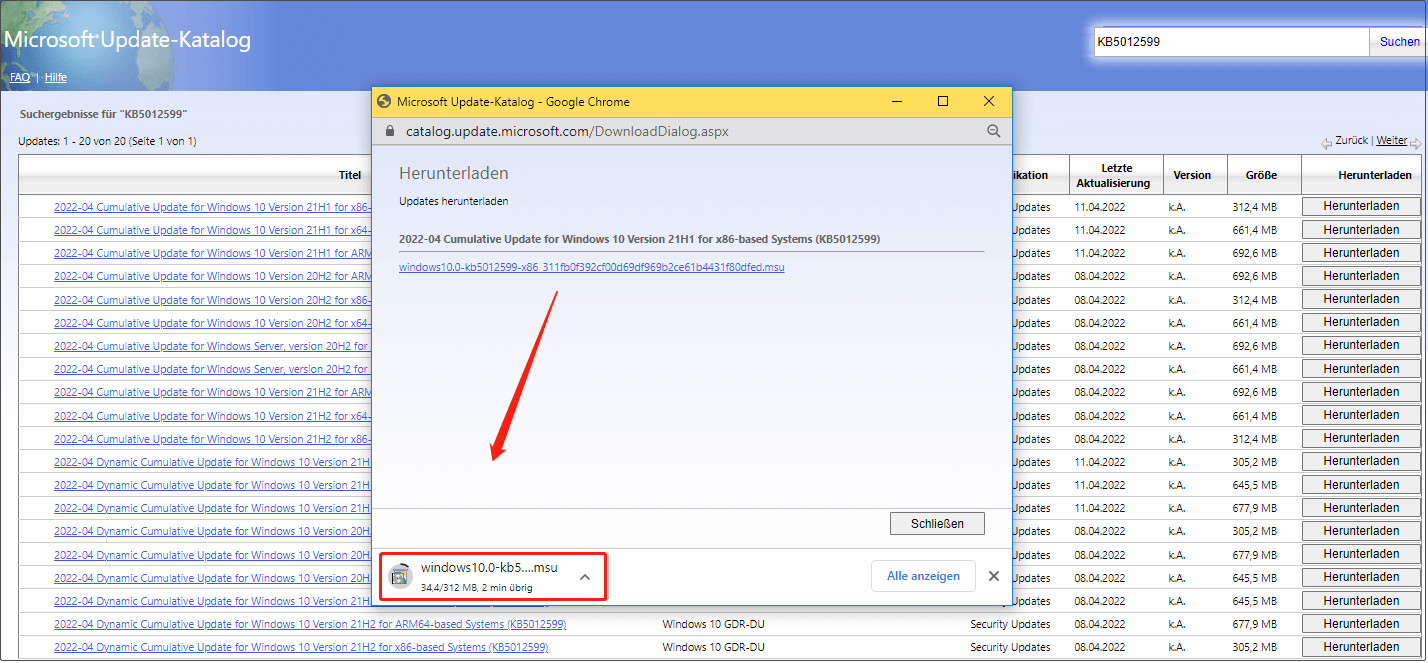 Laden Sie ein Offline-Installationsprogramm für Windows 10 KB5012599 herunter