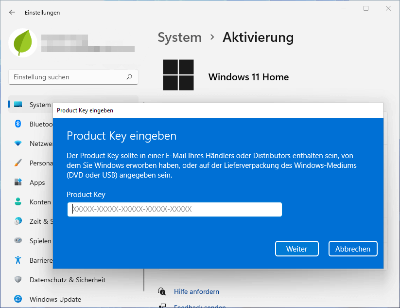 Aktivieren Sie Windows 11 mit einem Produktschlüssel
