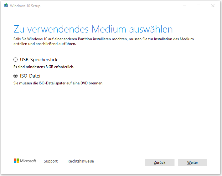 Windows 10 Setup Zu verwendendes Medium auswählen