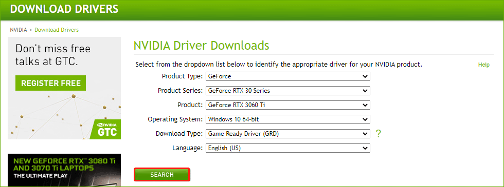 RTX 3060-Treiber-Download über die NVIDIA-Website