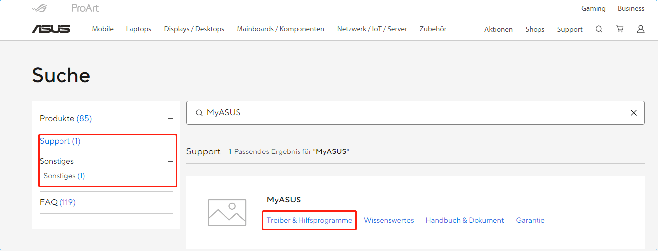 Suche nach MyASUS über die ASUS-Website