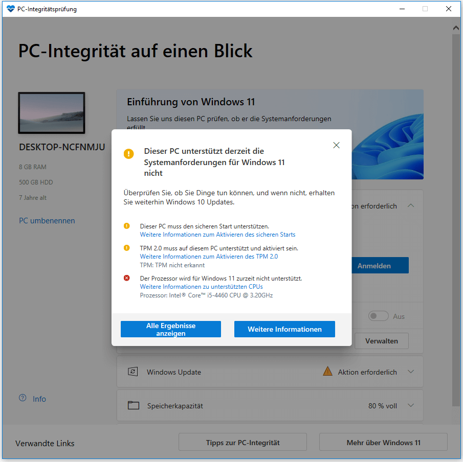 Überprüfen Sie mit PC Health Check, ob Ihr PC Windows 11 ausführen kann.