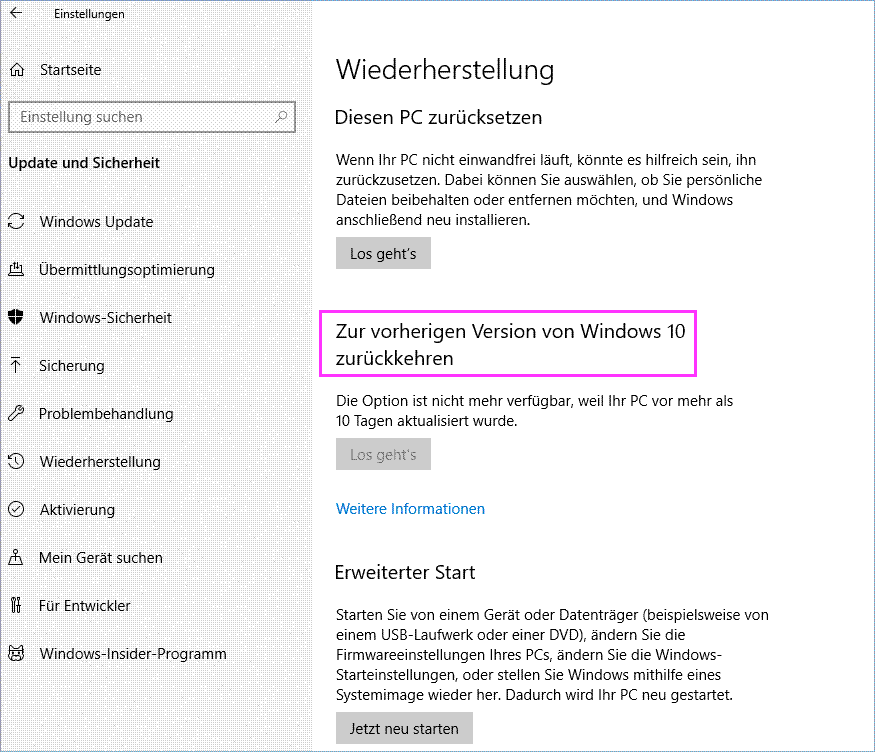 zur vorherigen Version von Windows 10 zurückkehren