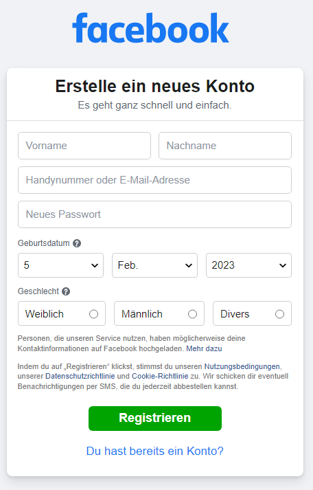 Facebook-Registrierung