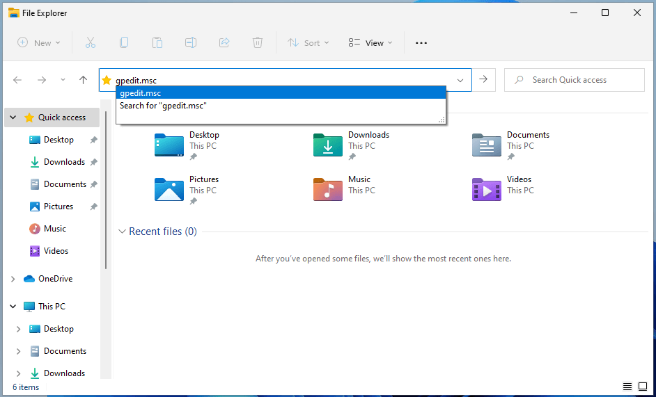 Windows 11 ファイルエクスプローラーで gpedit.msc を検索します