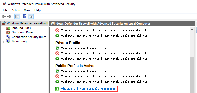 「Windows Defender ファイアウォールのプロパティ」をクリックします