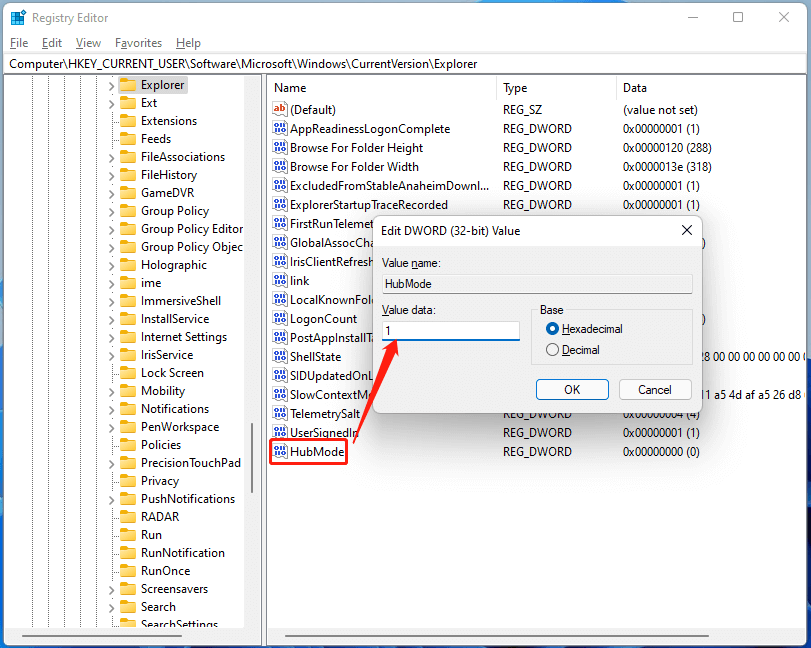 HubModeの値データを1に変更します