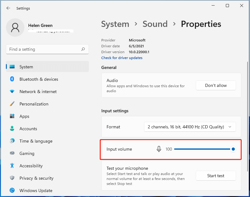 入力音量を変更する Windows 11