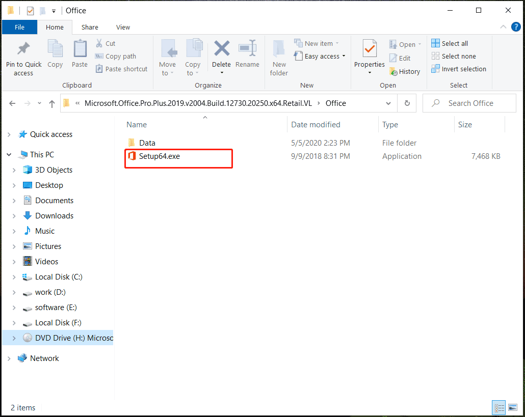 Office 2019のsetup.exeファイルを実行します。