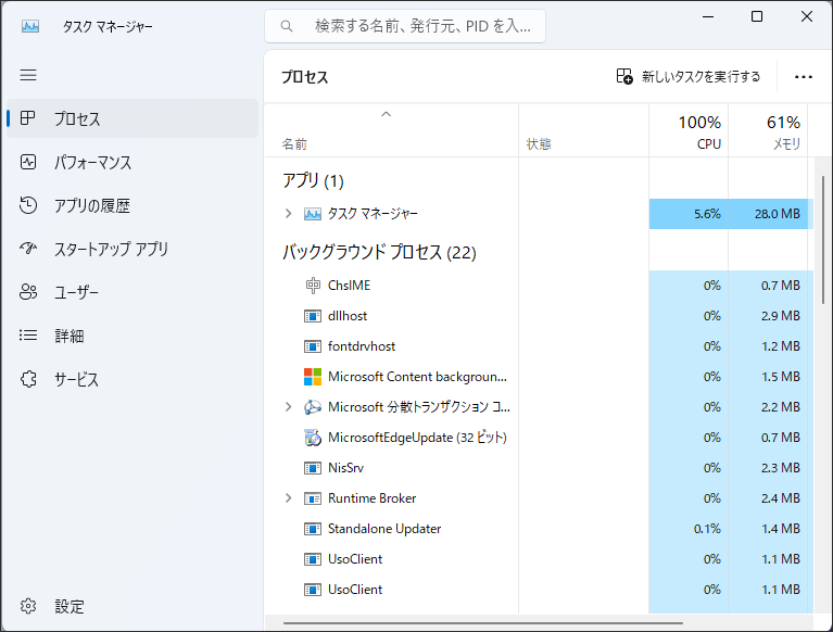 Windows 11 22H2タスクマネージャー