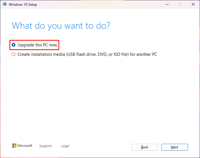 select Upgrade this PC now