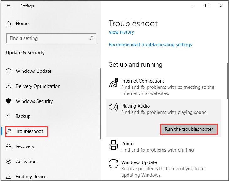 トラブルシューティングを実行をクリックします