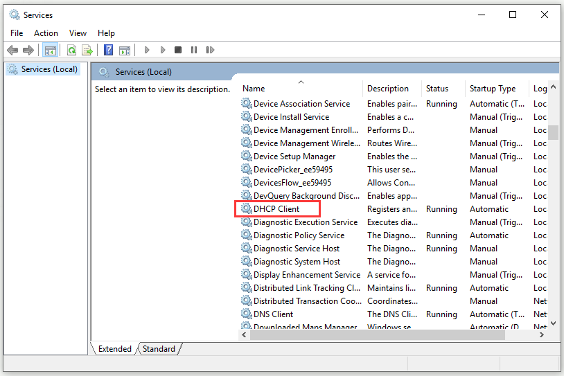 the DHCP Client service in Services