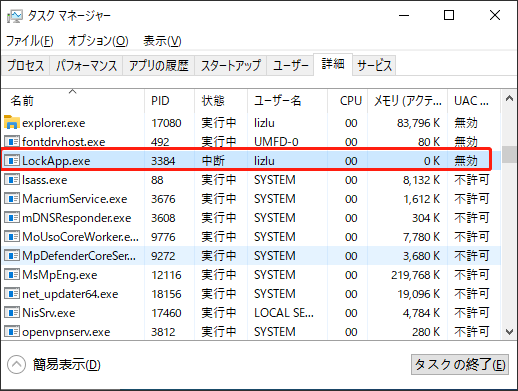 LockApp.exeプロセスが使用するシステムリソース