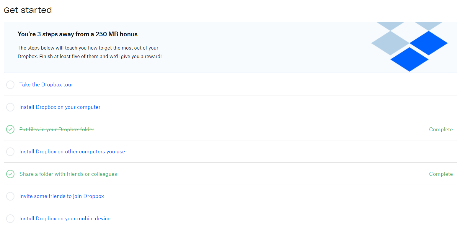 Dropboxスタートガイドを完了して250MBのボーナスを無料で獲得する