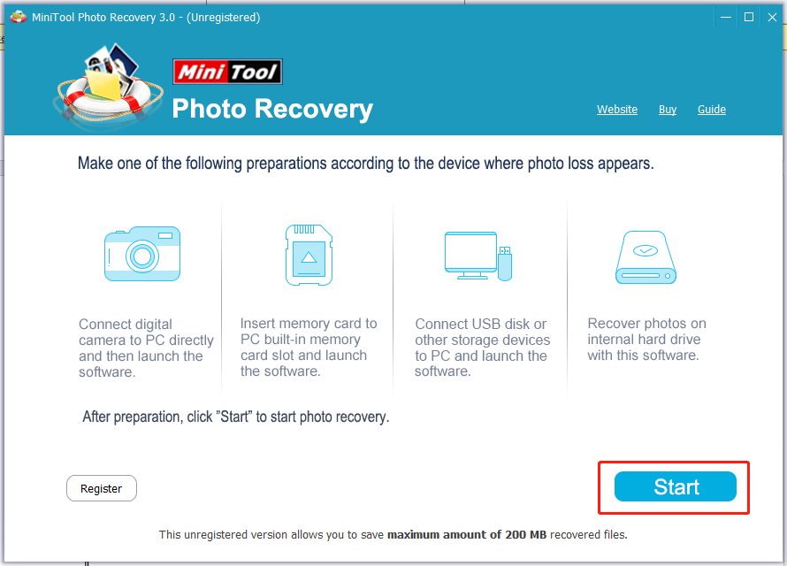 MiniTool Photo Recoveryで「Start」ボタンをクリックしてDJI Osmo Action 4動画復元を開始