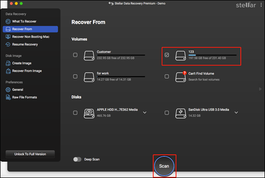 Stellar Data Recovery for Macで「スキャン」ボタンをクリックしてボリューム上のデータをスキャン