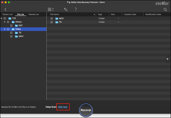 Stellar Data Recovery for Macですべての識別されたファイルが「クラシック一覧」セクションに表示される