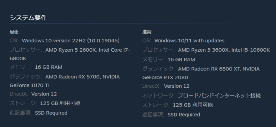 Steamにおけるゲームシステム要件：SSDが必要