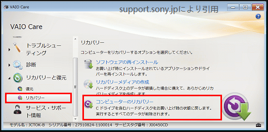 VAIO Careで「コンピューターのリカバリー」をクリックする