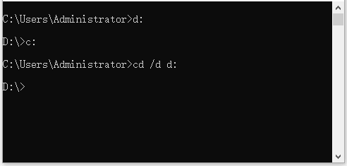 「cd /d d:」コマンドを実行