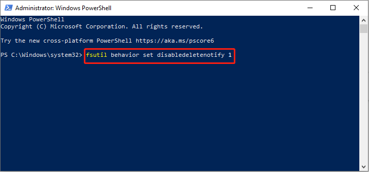 Windows PowerShellで「fsutil behavior set disabledeletenotify 1」と入力してTRIMを無効に