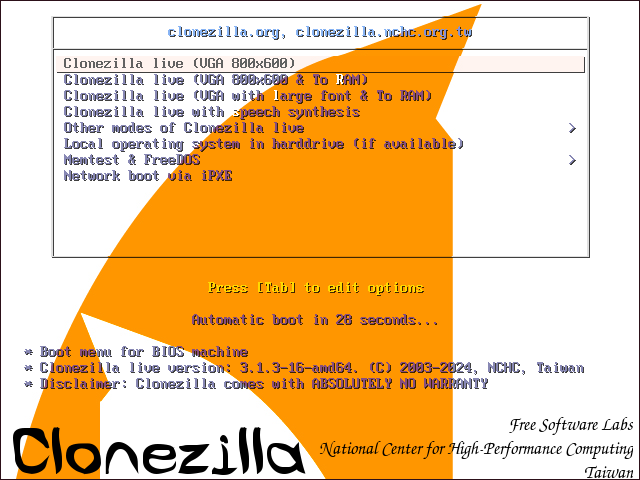 Clonezillaのインターフェース