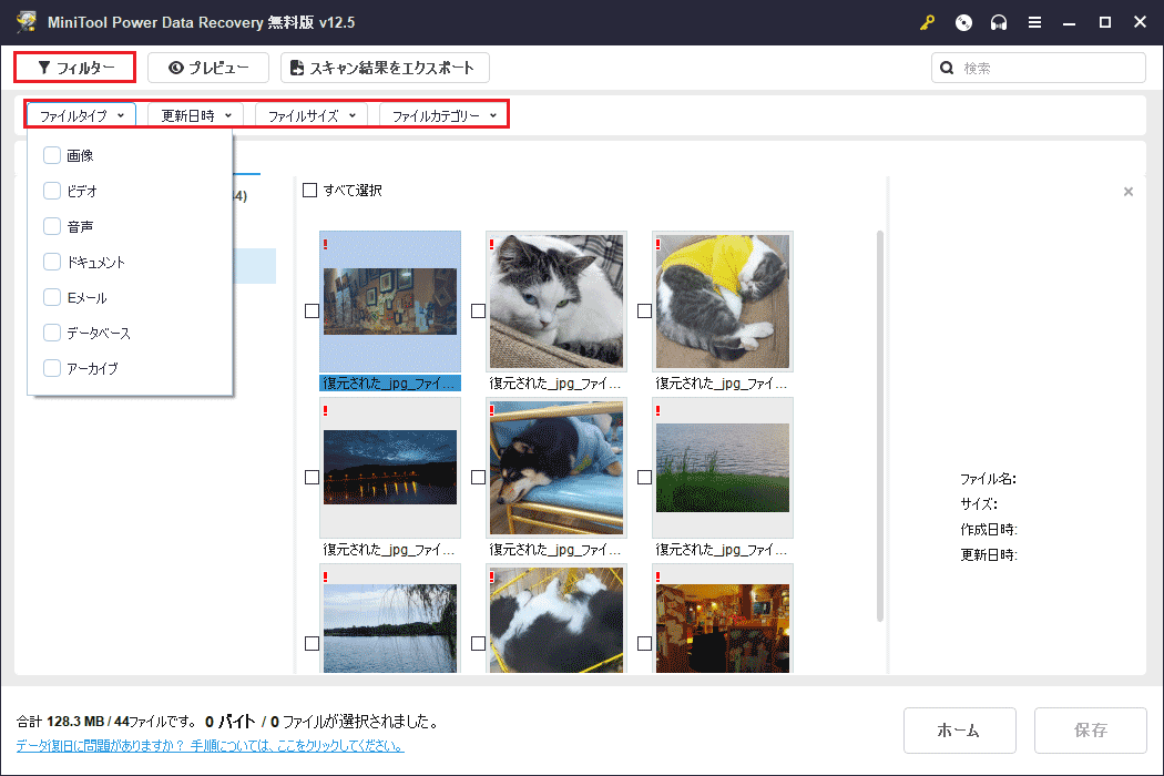 MiniTool Power Data Recoveryのフィルター機能
