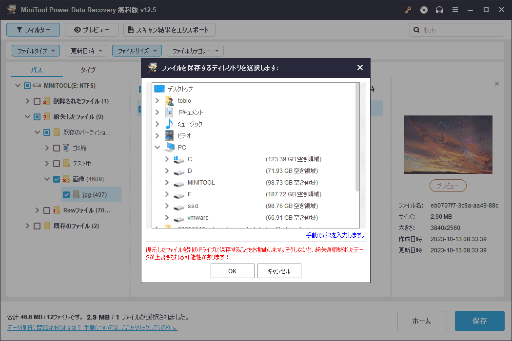 MiniTool Power Data Recoveryでファイルを選択して保存