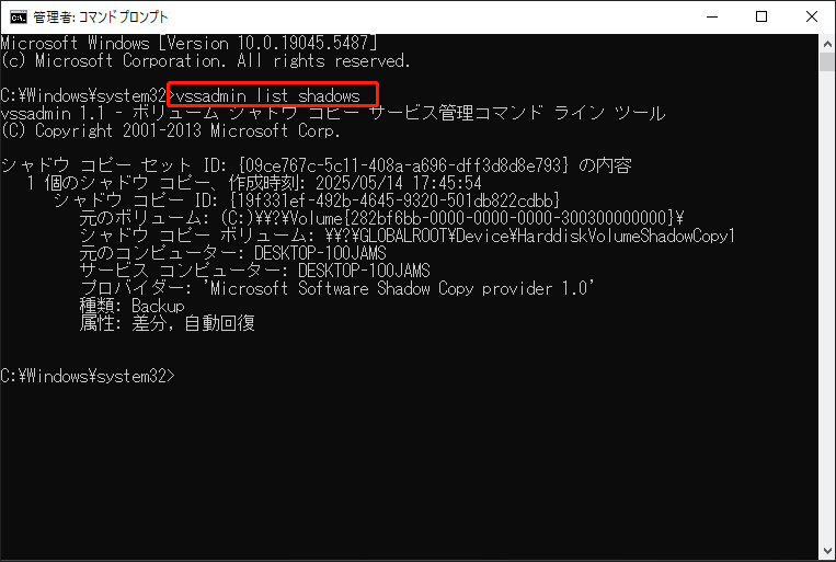 「vssadmin list shadows」コマンドを実行する