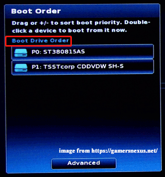 「Boot Drive Order」または「Boot Priority」セクションに移動する