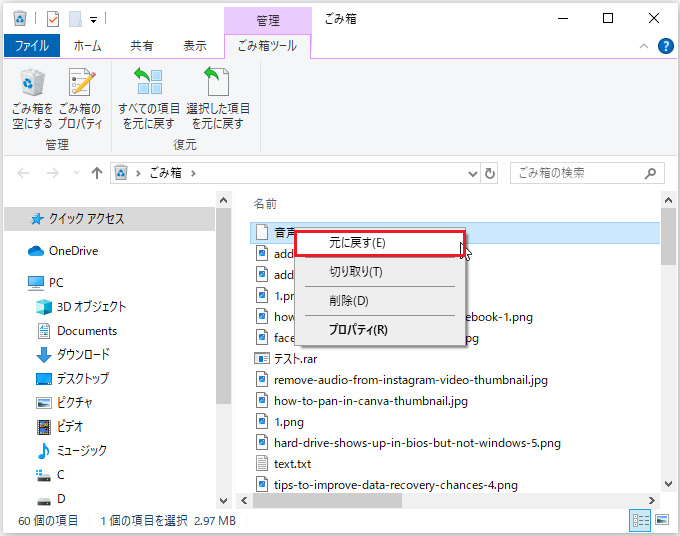 Windowsのごみ箱から削除したDSSファイルを復元