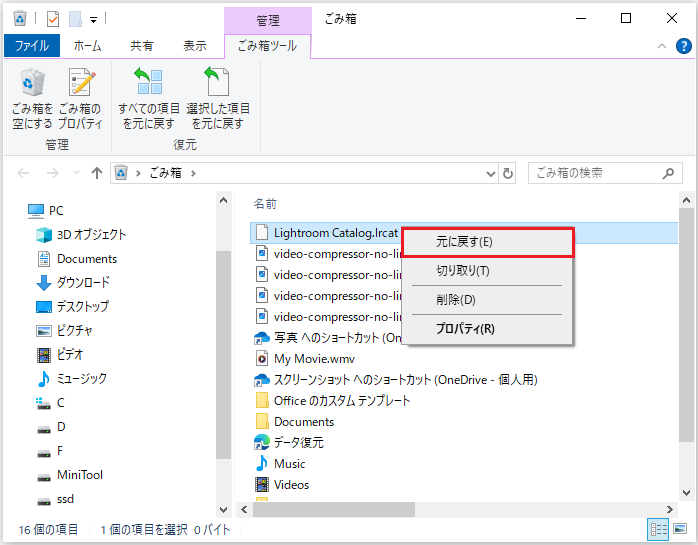 ごみ箱から削除されたLRCATファイルを復元