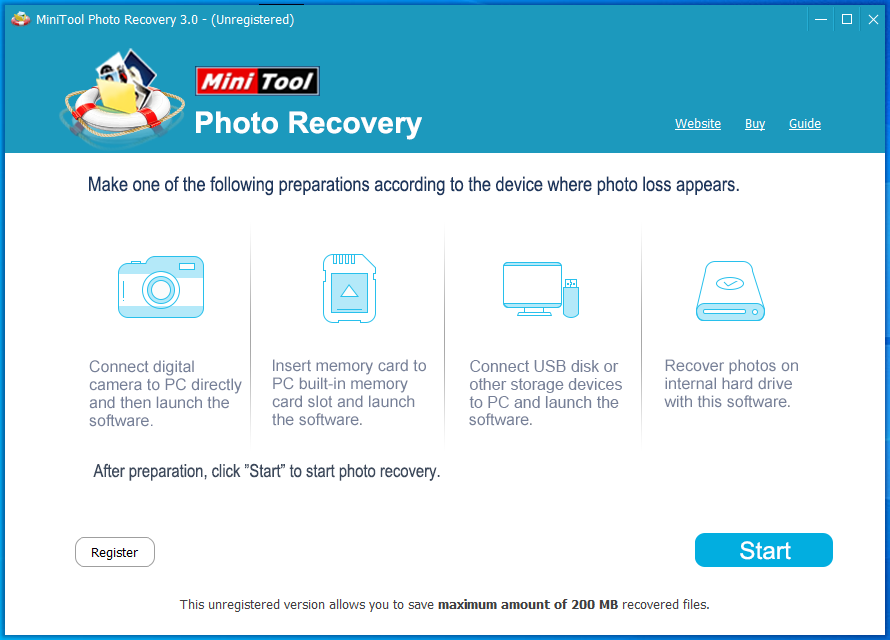 MiniTool Photo Recoveryで「Start」ボタンをクリック