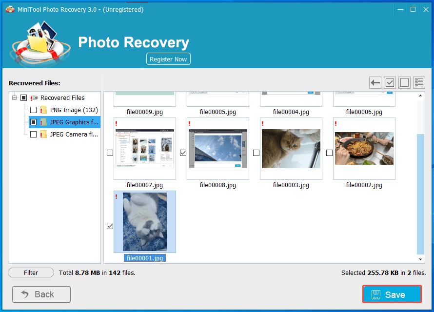 MiniTool Photo Recoveryで必要な写真を選択して「Save」をクリック