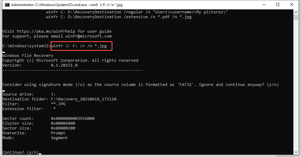 Windows File Recoveryで「winfr J: F: /r /n *.jpg」と入力し、Jドライブ上のフォーマットされたすべての.jpgファイルをFドライブに復元
