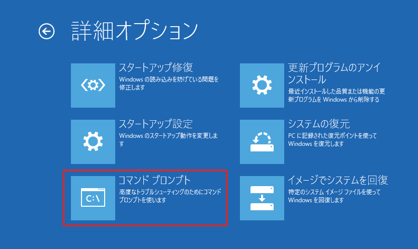 「詳細オプション」＞「コマンドプロンプト」の順にクリックする
