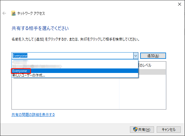 ネットワークアクセスで「Everyone」をクリックする