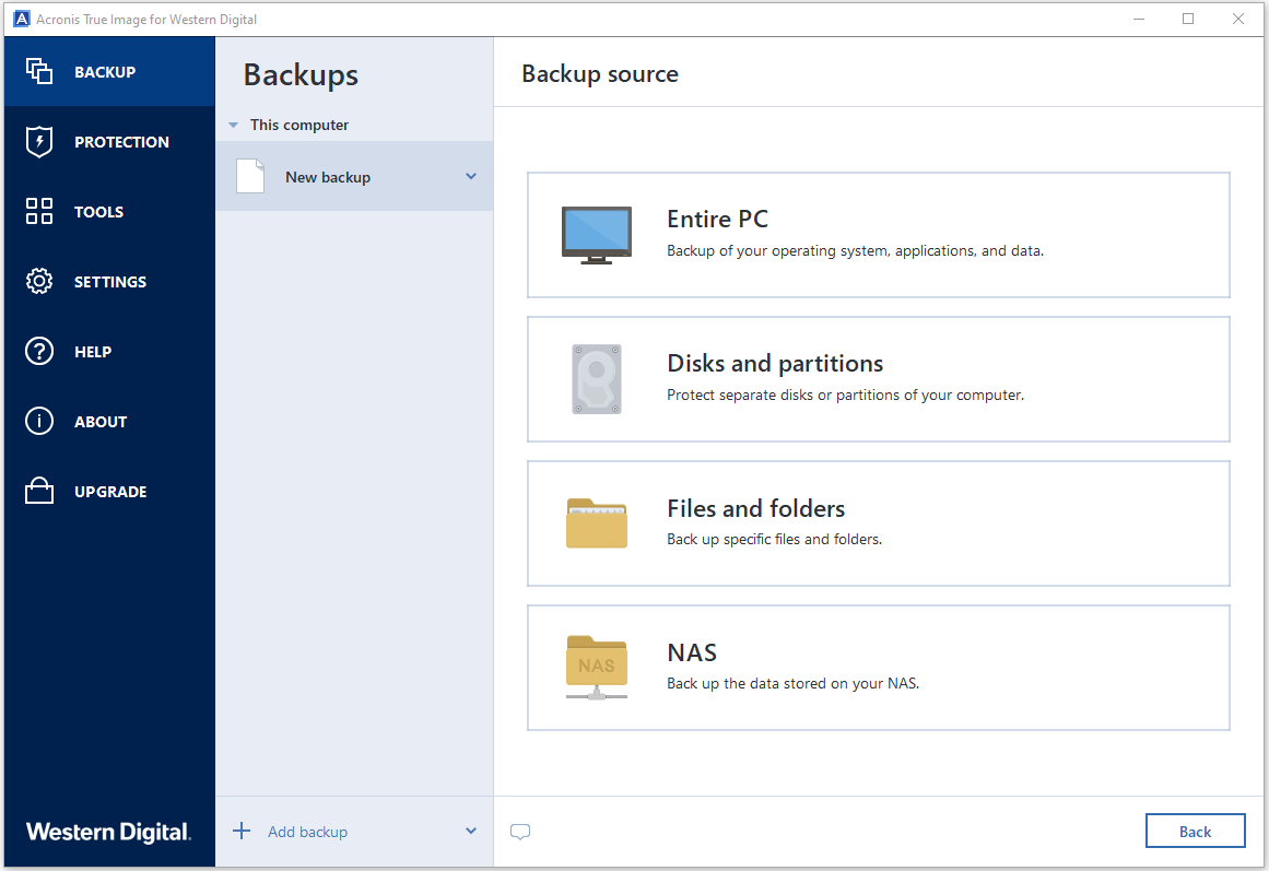 Acronis True Image for Western Digitalでバックアックソースを選択する