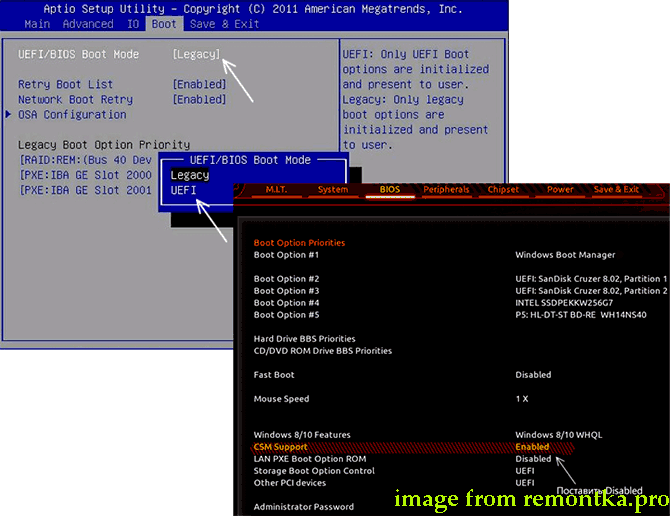 「Legacy Support Mode」「CSM Support」「Compatibility Support」を無効にする