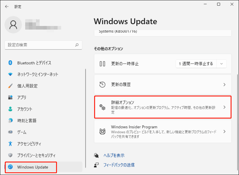 Windows 11の設定でWindows Updateの詳細オプションにアクセス