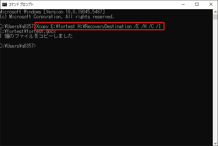 「Xcopy E:\fortest H:\RecoveryDestination /E /H /C /I」と入力する