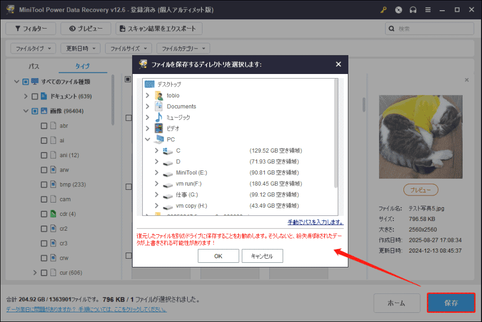 スキャン結果から必要なファイルを選択して外部デバイスに保存