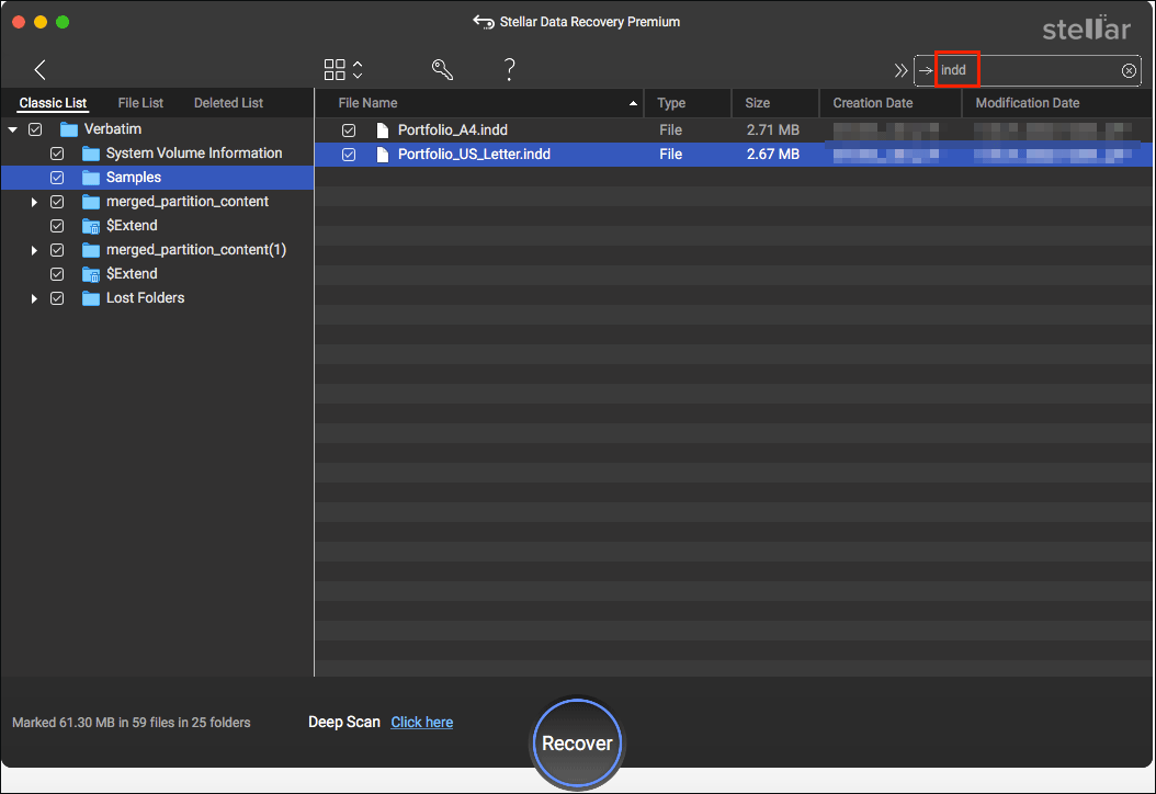Stellar Data Recovery for Macで検索ボックスに「.indd」と入力し、「Enter」キーを押してInDesignファイルを検索