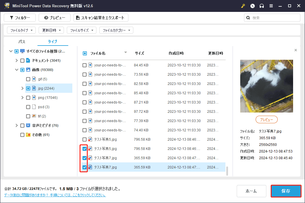復元したいファイルをすべて選択し、「保存」ボタンをクリック