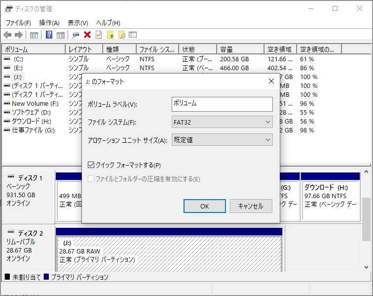 フォーマット オプションを設定して「OK」ボタンをクリック