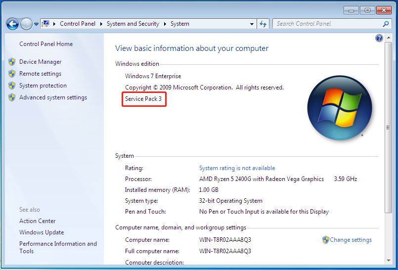 PCを再起動すると、サービスパックがWindows 7 Service Pack 3に変更され